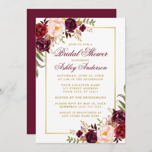Elegant Burgundy Floral Gold Bridal Shower Invitation