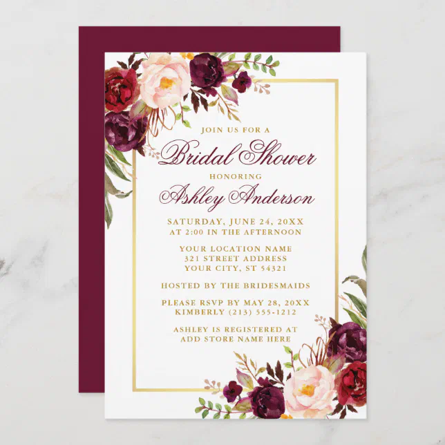 Elegant Burgundy Floral Gold Bridal Shower Invitation | Zazzle