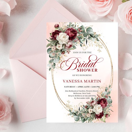 Elegant Burgundy Floral Gold Bridal Shower Invite