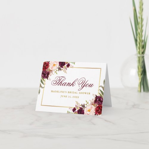 Elegant Burgundy Floral Gold Bridal Shower Note Thank You Card