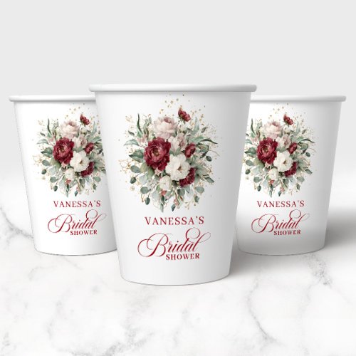 Elegant Burgundy Floral Gold Bridal Shower Paper  Cups