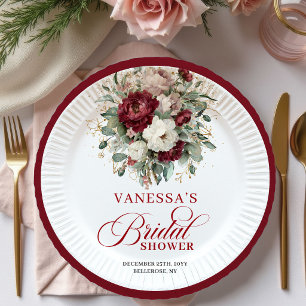 Elegant Burgundy Floral Gold Bridal Shower Paper  Plates