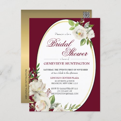 Elegant Burgundy Floral Gold Bridal Shower Postcard