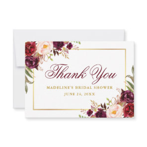 Elegant Burgundy Floral Gold Bridal Shower Thank You Card
