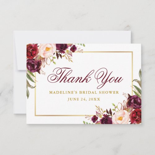 Elegant Burgundy Floral Gold Bridal Shower Thank You Card
