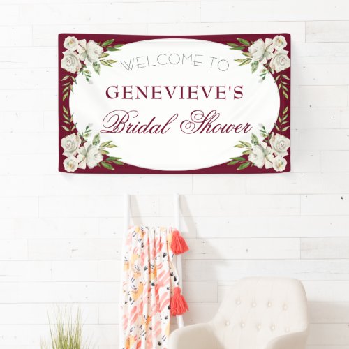 Elegant Burgundy Floral Gold Bridal Shower Welcome Banner