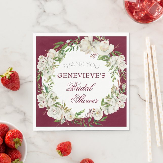 Elegant Burgundy Floral Gold Bridal Shower Welcome Napkins (Insitu)