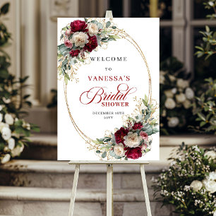 Elegant Burgundy Floral Gold Bridal Shower Welcome Poster