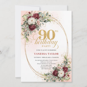 Elegant Burgundy Floral Gold Frame 90th Birthday Invitation