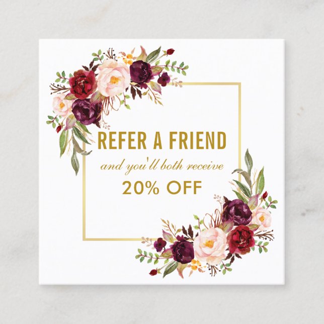 Elegant Burgundy Floral Gold Frame Referral Square Business Card (Front)
