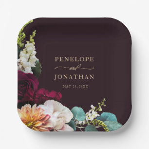 Elegant Burgundy Floral Gold Monogram Wedding Paper Plates