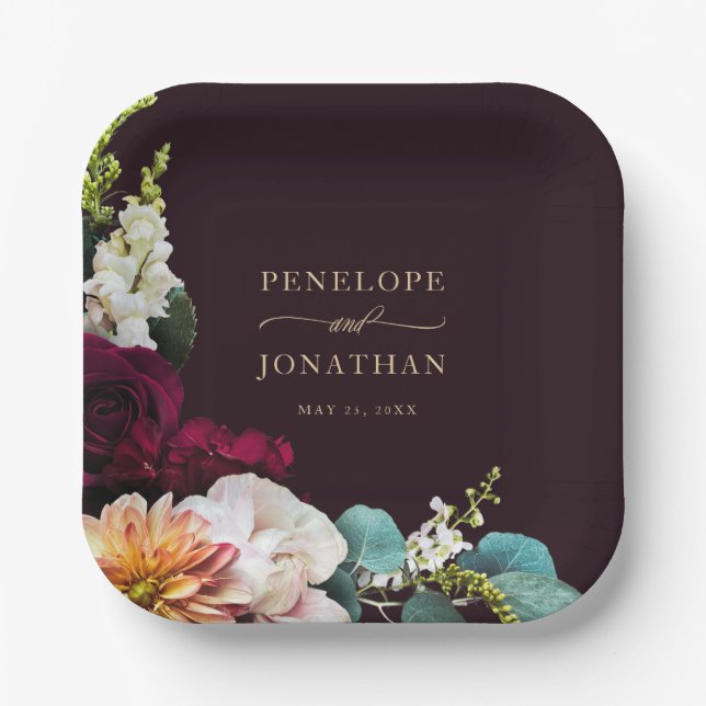 Elegant Burgundy Floral Gold Monogram Wedding Paper Plates (Front)