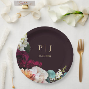 Elegant Burgundy Floral Gold Monogram Wedding Paper Plates
