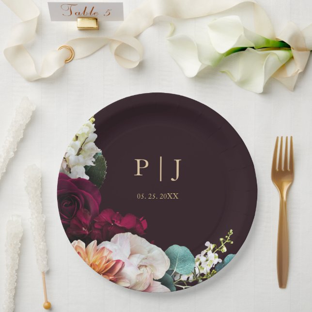 Elegant Burgundy Floral Gold Monogram Wedding Paper Plates (Wedding)