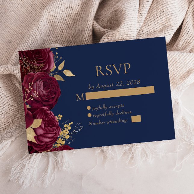 Elegant Burgundy Floral Gold Navy Blue Wedding RSVP Card (Creator Uploaded)