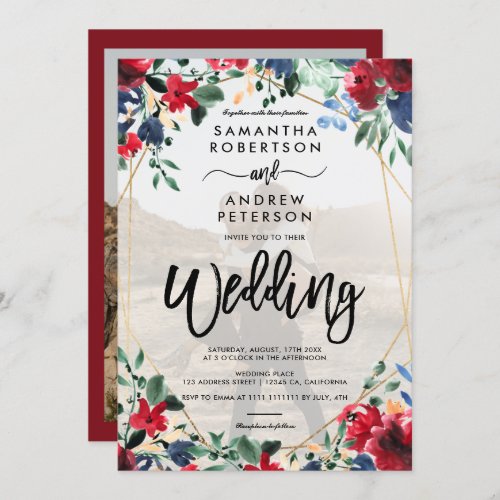 Elegant burgundy floral gold photo script wedding  invitation