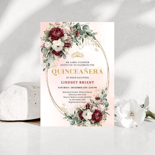Elegant Burgundy Floral Gold Quinceañera Invite