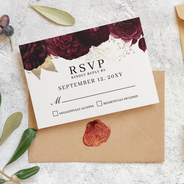 Elegant Burgundy Floral Gold RSVP Response Card (Creator Uploaded)