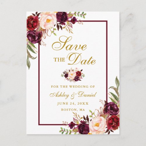 Elegant Burgundy Floral Gold Save the Date Announcement Postcard