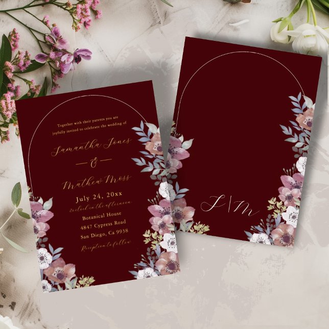 Elegant Burgundy Floral Gold Script Wedding Foil Invitation (Creator Uploaded)