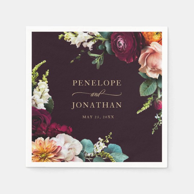 Elegant Burgundy Floral Gold Script Wedding Napkins (Front)