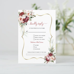 Elegant Burgundy Floral Gold Song Request Wedding  RSVP Card