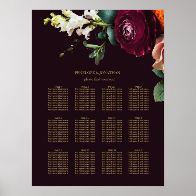 Elegant Burgundy Floral Gold Typography Seating Poster (Front)