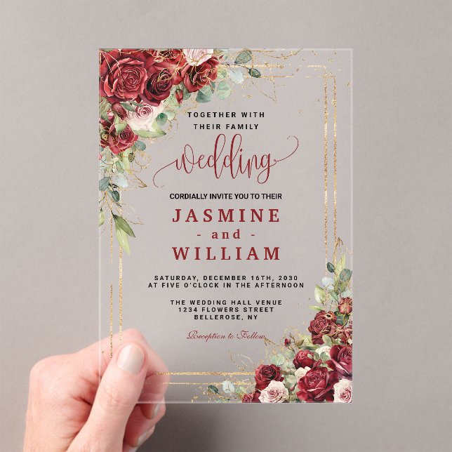 Elegant Burgundy Floral  Gold  Wedding Acrylic Invitations (Insitu (Handheld))