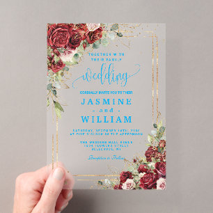 Elegant Burgundy Floral  Gold  Wedding Acrylic Invitations