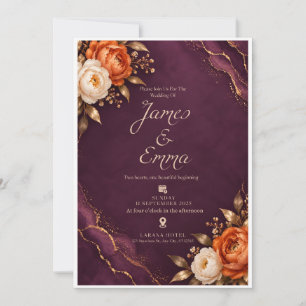 Elegant Burgundy Floral Gold Wedding Invitation