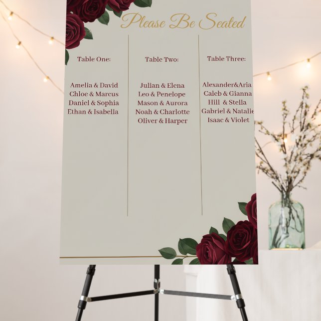 Elegant Burgundy Floral & Gold Wedding Seating Cha Foam Board (In Situ (Stand))