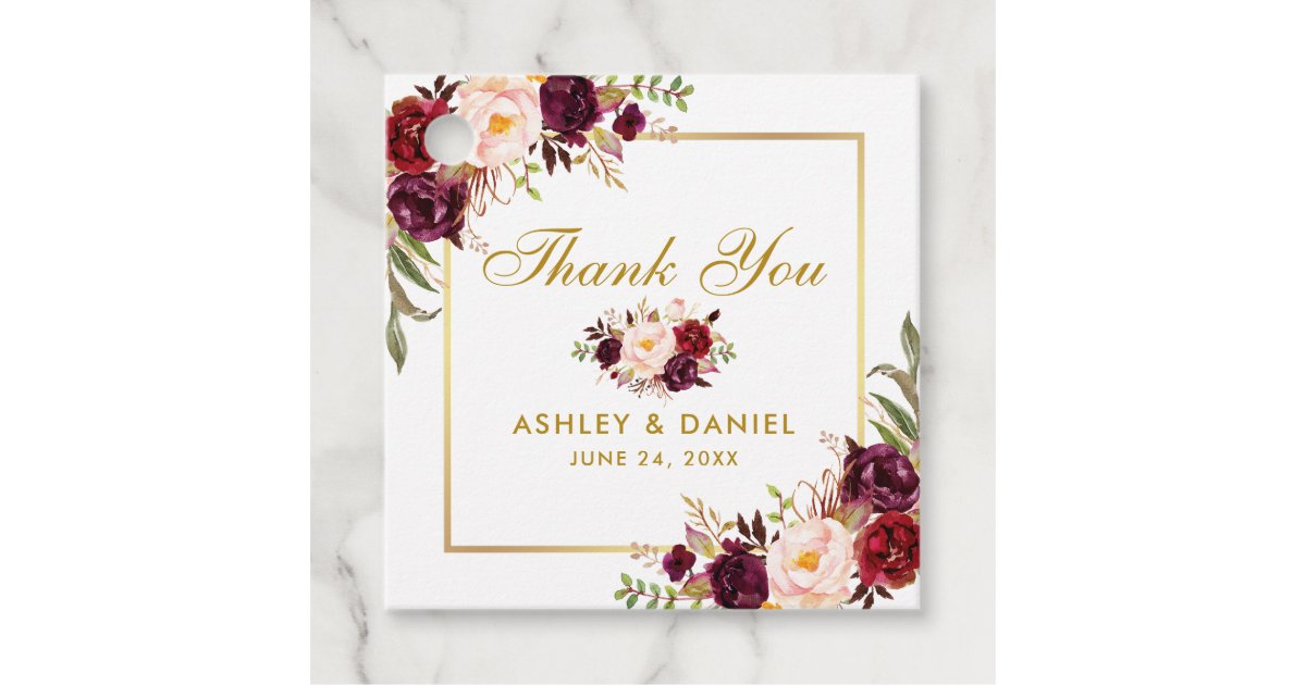 Elegant Burgundy Floral Gold Wedding Thank You Favor Tags | Zazzle