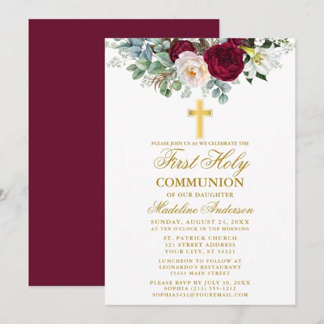 Elegant Burgundy Floral Greenery Communion Invitation (Front/Back)