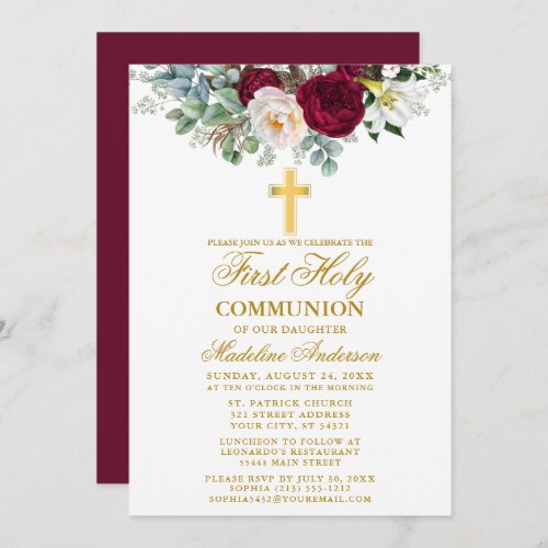 Elegant Burgundy Floral Greenery Communion Invitation