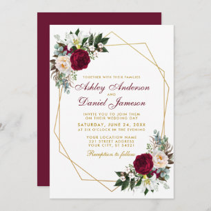 Elegant Burgundy Floral Greenery Gold Wedding Invitation