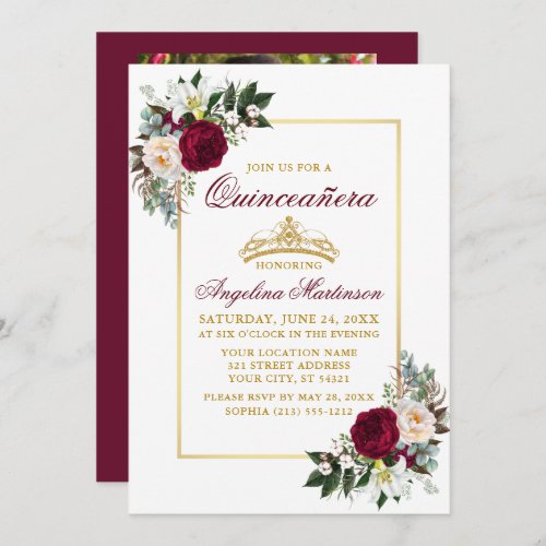 Elegant Burgundy Floral Greenery Photo Quinceanera Invitation