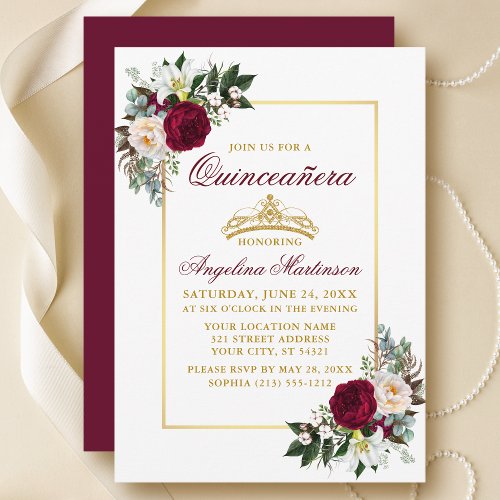 Elegant Burgundy Floral Greenery Quinceanera Gold Invitation