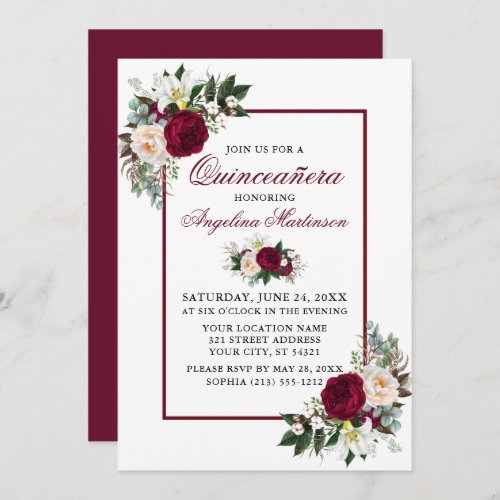 Elegant Burgundy Floral Greenery Quinceanera Party Invitation
