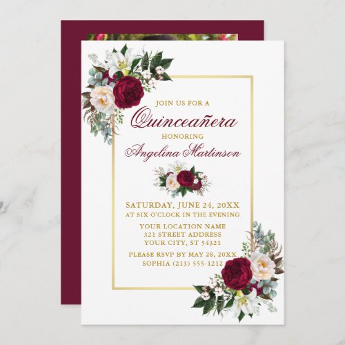 Elegant Burgundy Floral Greenery Quinceanera Photo Invitation