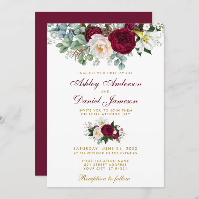 Elegant Burgundy Floral Greenery Wedding Gold Invitation | Zazzle