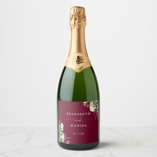 Elegant Burgundy Floral Greenery Wedding Sparkling Wine Label