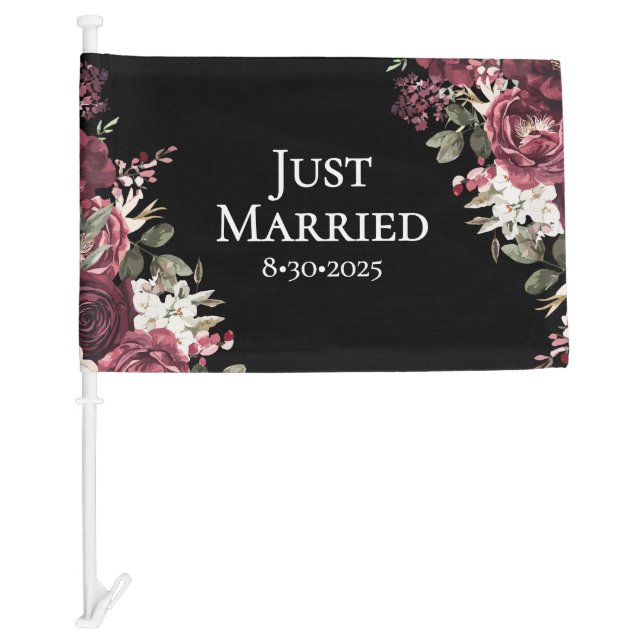 Elegant Burgundy Floral Just Married Wedding Car Flag (Front)