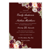 Elegant Burgundy Floral Lace Wedding Invitation