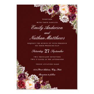 Elegant Burgundy Floral Lace Wedding Invitation