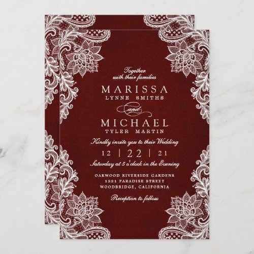 Elegant Burgundy Floral Lace Wedding Invitation