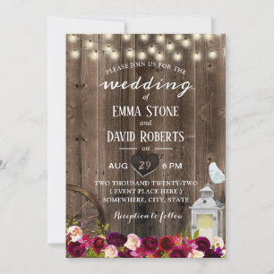 Elegant Burgundy Floral Lantern Barn Wedding Invitation