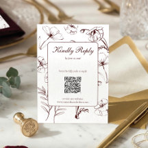 Elegant Burgundy Floral Line Art QR Code Wedding