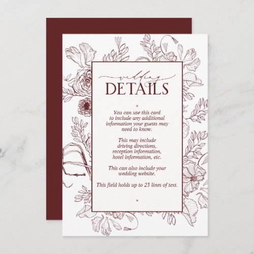 Elegant Burgundy Floral Line Art Wedding Details Enclosure Card