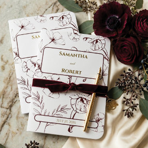 Elegant Burgundy Floral Line Art Wedding Foil Vow Books