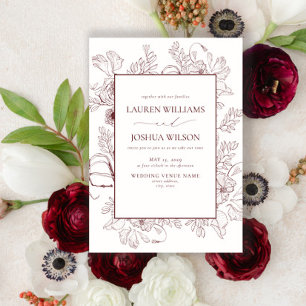 Elegant Burgundy Floral Line Art Wedding Invitation